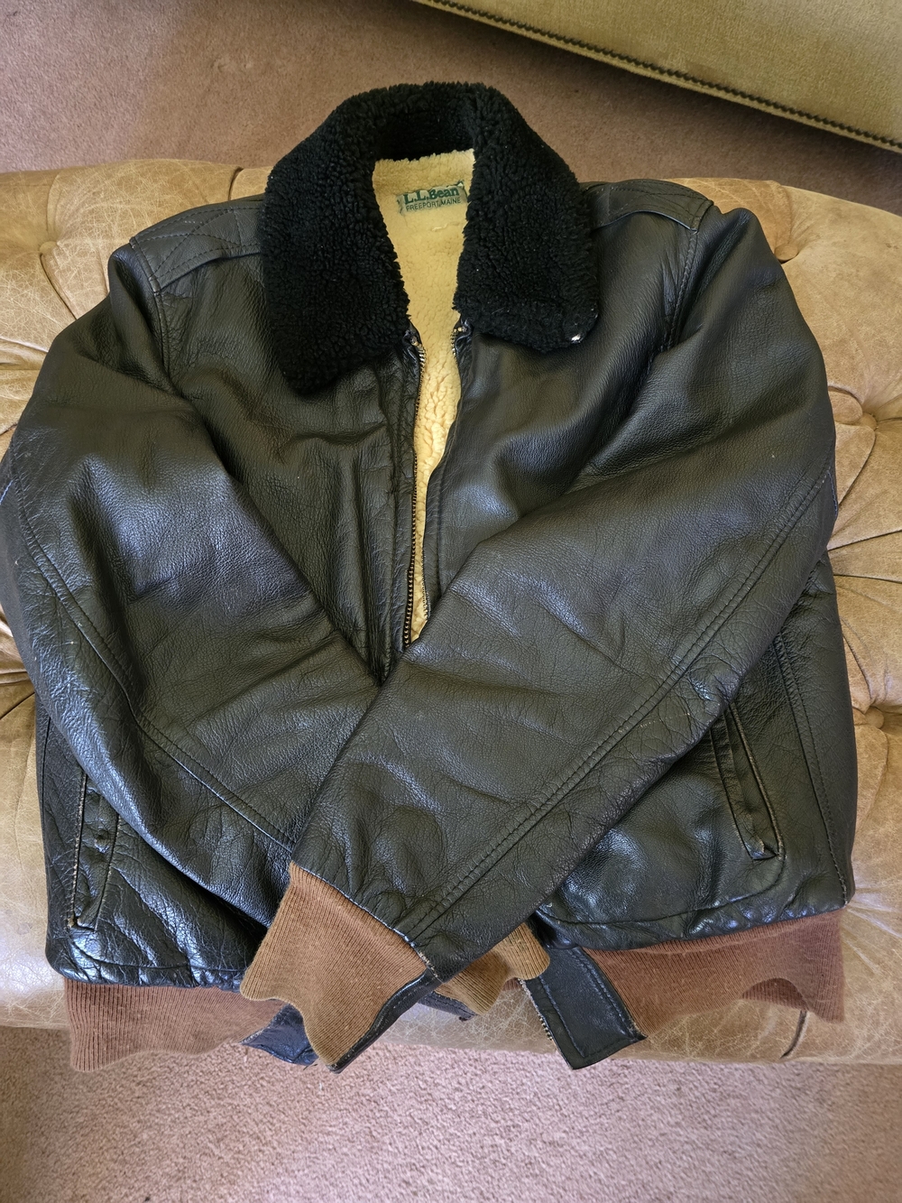 L.L. Bean Black Leather Bomber Jacket with Sherpa Lining